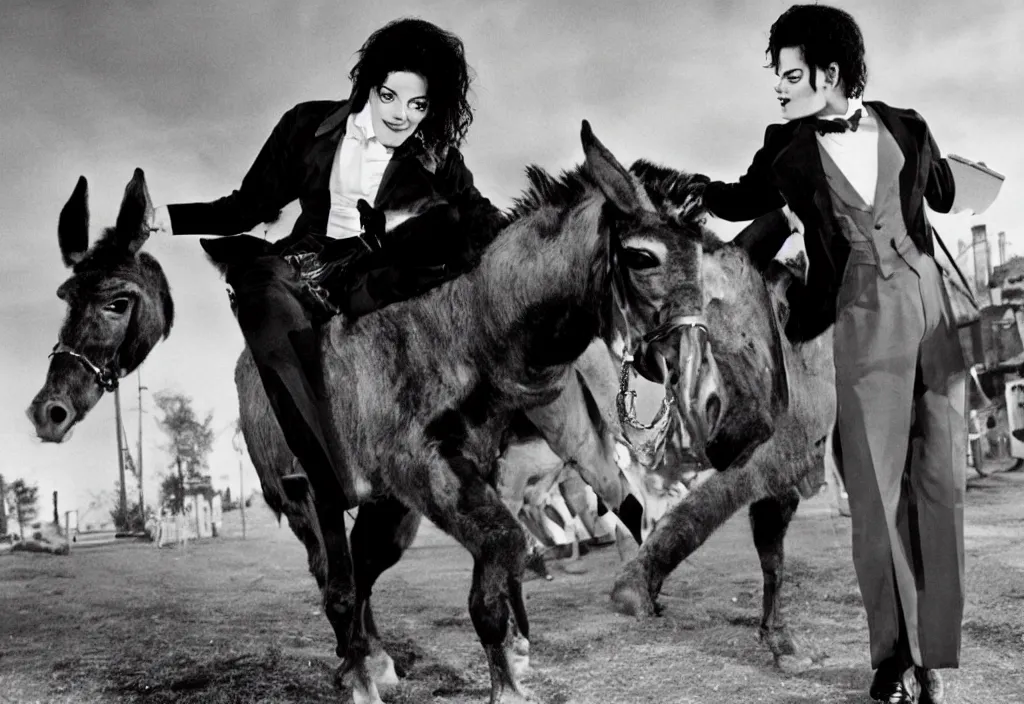 Image similar to michael jackson as a 1 9 5 0 s vampire riding a donkey