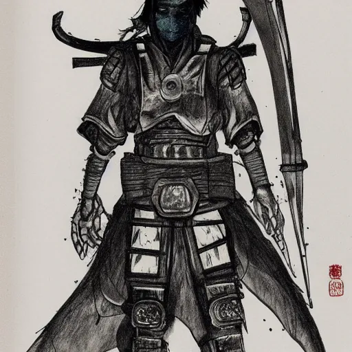 Image similar to japanese futuristic warrior with many scars, hard ink, no pencils, full body drawing