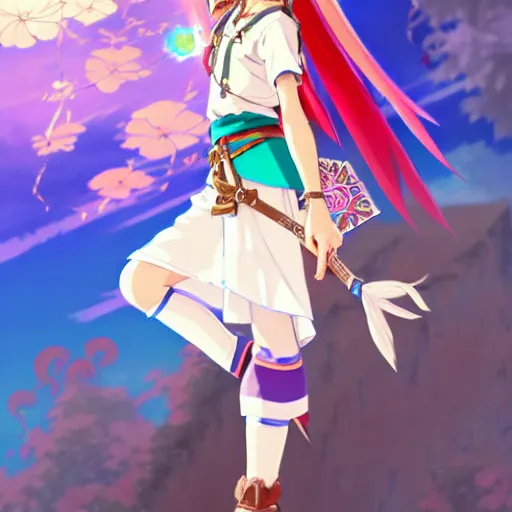 Image similar to a beautiful! young feminine link from botw, wearing japanese catholic school girl outfit with mayan pattern and native style, aztec street fashion, guilty gear art direction, perfect anime face, gapmoe yandere grimdark, trending on pixiv fanbox, painted by greg rutkowski makoto shinkai takashi takeuchi studio ghibli, akihiko yoshida