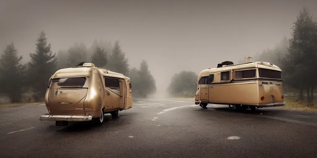 Image similar to parked retro futuristic vintage polished motorhome, fog, rain, volumetric lighting, beautiful, golden hour, sharp focus, highly detailed, cgsociety