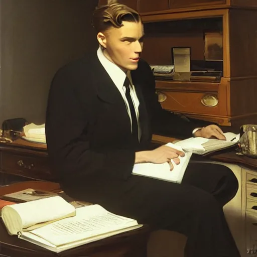 Image similar to man in desk with coffee and black suit by leyendecker and dean cornwell, 8 feet from the camera, 6 0 ´ s furniture