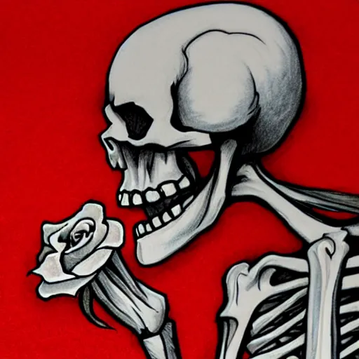 Image similar to a skeleton biting a rose, sinister, detailed