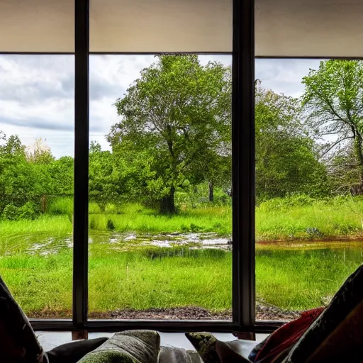 Image similar to a cinematic landscape view looking out a window into an open field, wind blows the leaves, and the sun shines through the parted clouds, a small creek runs through the backyard