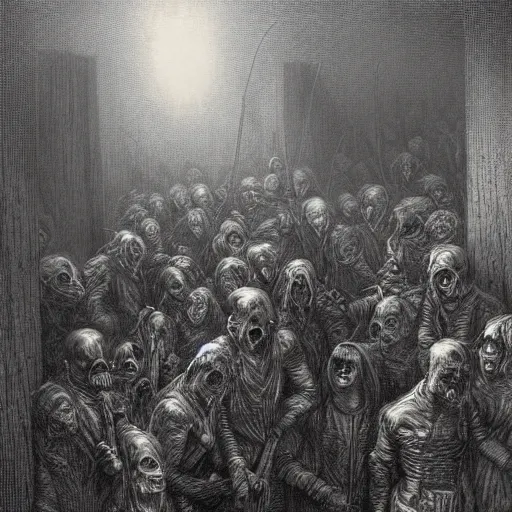 Image similar to 9 steel barrels in a graveyard, 2 zombies, creepy atmosphere, dark, portrait, realistic, illustration by gustave dore