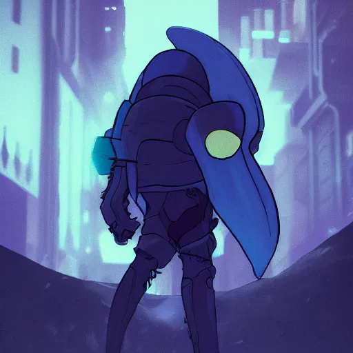 Image similar to Yellow bulb eyes, blue cloak, hidden black body, traveling through the cyberpunk city of hackers, hollow knight style.