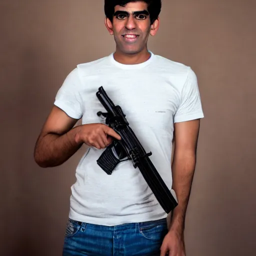 Image similar to Medium shot photograph of Rishi Sunak holding an AK-47, 8k, ultrahd