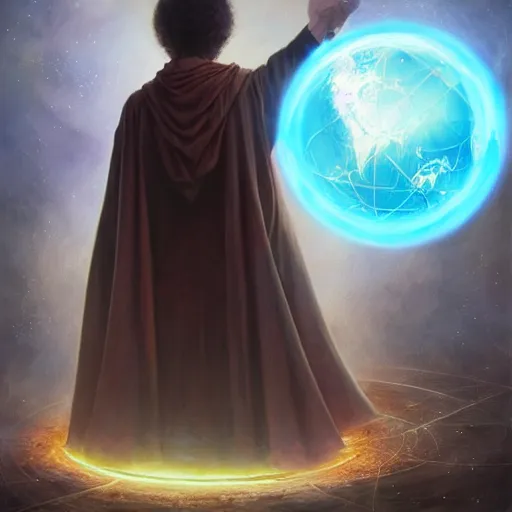 Image similar to the creators of worlds wearing cloaks, standing in a circle and holding a holographic planet projection in his hand, detailed, sci - fi, digital painting, artstation, sharp focus, illustration, ominous, artgerm, tomasz alen kopera, peter mohrbacher, donato giancola, joseph christian leyendecker, wlop, frank frazetta