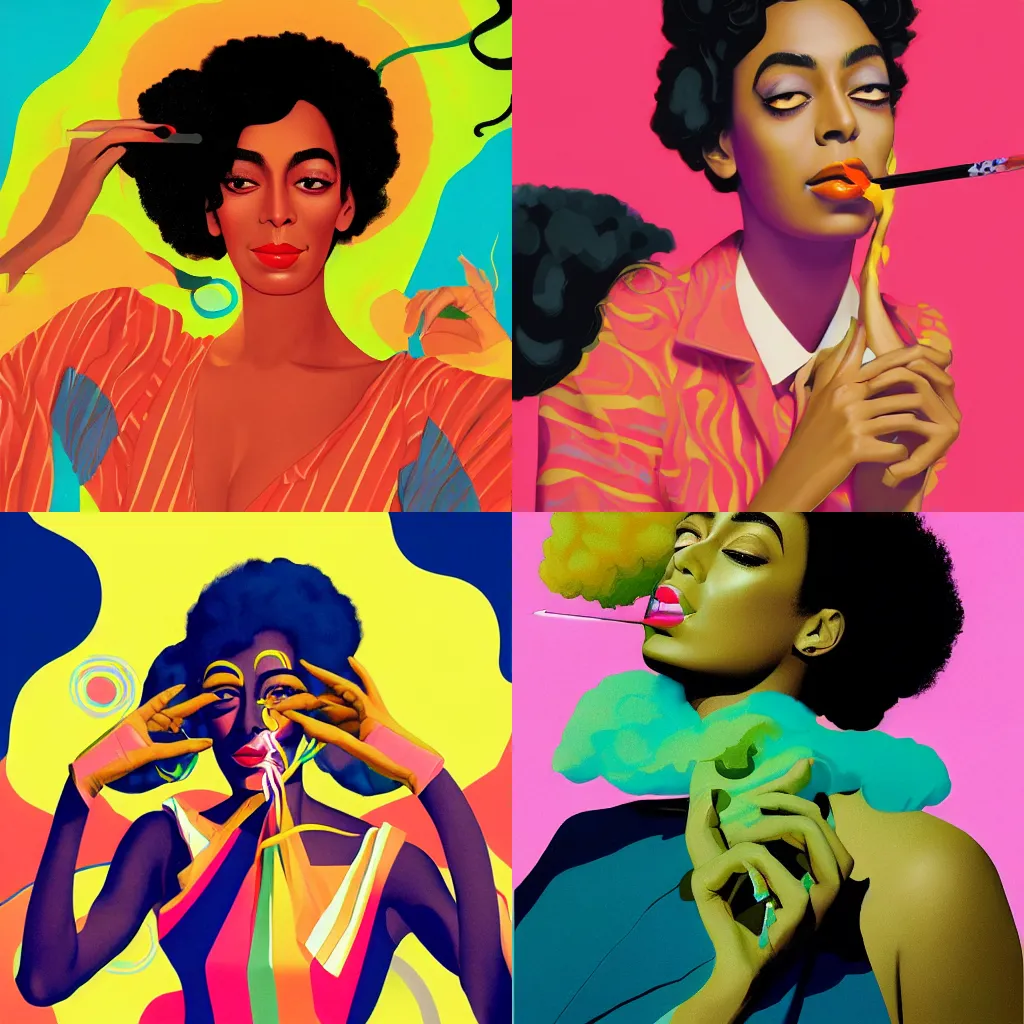 Prompt: Solange Knowles smoking zaza, Vibrant, by Sachin Teng + Karol Bak + Rolf Armstrong