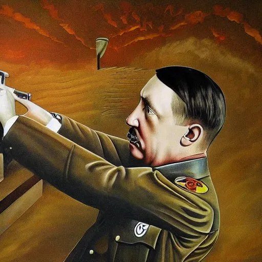 Image similar to a beautiful complex painting of adolf hitler shooting himself in his bunker