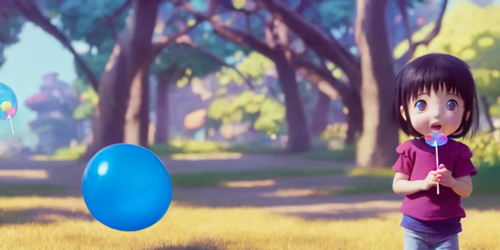 Image similar to a little girl with lollypop, holding blue balloon on a string, studio ghibli, pixar and disney animation, sharp, rendered in unreal engine 5, anime key art by greg rutkowski, bloom, dramatic lighting