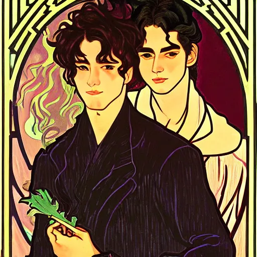 Image similar to painting of young handsome beautiful dark medium wavy hair man in his 2 0 s named shadow taehyung and cute handsome beautiful min - jun together at the halloween witchcraft party, bubbling cauldron, casting spells, autumn colors, elegant, ritual, stylized, soft facial features, delicate facial features, art by alphonse mucha, vincent van gogh, egon schiele