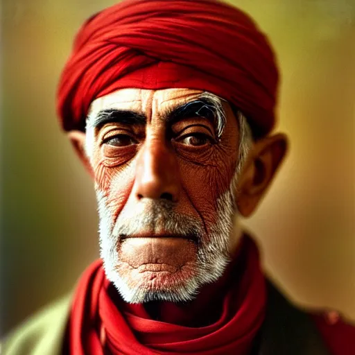 Image similar to portrait of president woodrow wilson as afghan man, green eyes and red scarf looking intently, photograph by steve mccurry