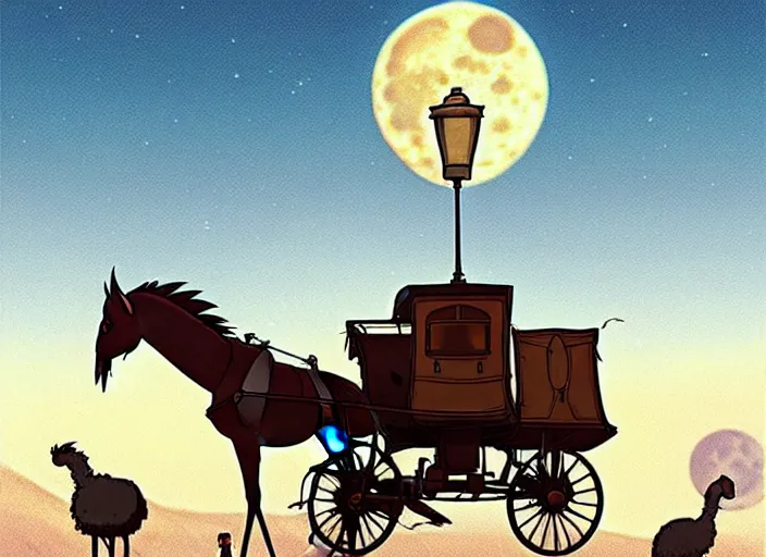 Prompt: a cell shaded cartoon of a stagecoach being pulled by two ostriches from howl's moving castle ( 2 0 0 4 ), on a desert road, lamp posts, in front of a pale full moon, full body, wide shot, very dull muted colors, studio ghibli, highly detailed, deviantart, art by artgem