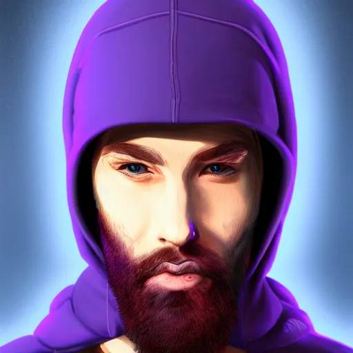 Image similar to a portrait of an ultradetailed futuristic male cyberpunk wearing a hoodie on his head, bearded, deep blue eyes, by dylan kowalski, 8 k, purple neon colours, digital painting, trending on artstation