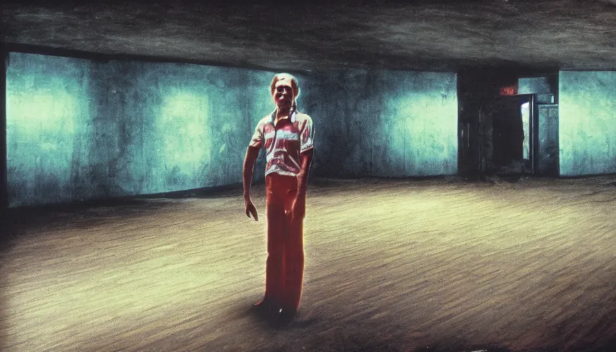 Image similar to 7 0 s film still from a horror movie with one person standing omniously in an abandoned bowling alley, kodachrome, cinecolor, cinestill, photorealism, cinematic, film grain, film texture, vhs recording