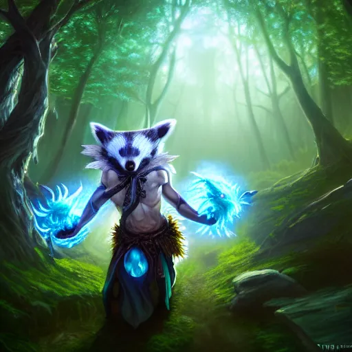 Image similar to Fairy Badger magus, Tzeentch, portrait, druid, nature, fairy, forest background, magic the gathering artwork, D&D, fantasy, cinematic lighting, centered, symmetrical, highly detailed, digital painting, artstation, concept art, smooth, sharp focus, illustration, volumetric lighting, epic Composition, 8k, art by Akihiko Yoshida and Greg Rutkowski and Craig Mullins, oil painting, cgsociety