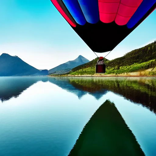 Image similar to photo of two black swans touching heads in a beautiful reflective mountain lake, a colorful hot air balloon is flying above reflecting off water, hot air balloon, intricate, 8k highly professionally detailed, centered, HDR, CGsociety