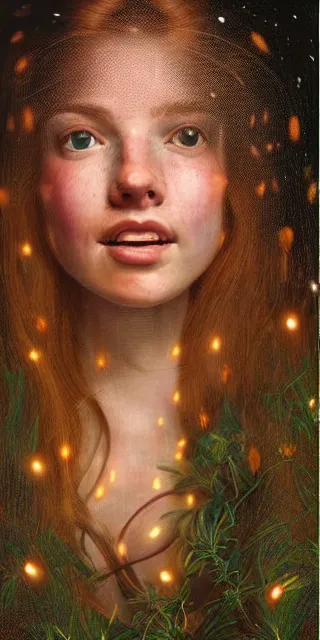 Image similar to a totally enraptured smiling young woman surrounded by golden firefly lights in a mesmerizing scene, sitting amidst nature fully covered! intricate detailed dress, long loose red hair, precise linework, accurate green eyes, small nose with freckles, beautiful smooth oval head, expressive emotions, hyper realistic ultrafine portrait by artemisia gentileschi, jessica rossier, boris vallejo