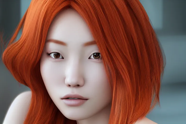 Prompt: hyperrealistic portrait of stunningly beautiful redhead korean girl, lit in a dawn light, trending on artstation,ultrawide angle, f8 , polarizer , unreal engine