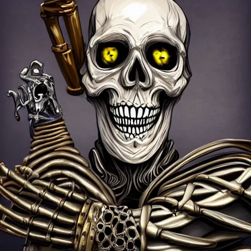 Image similar to a detailed portrait of a fancy skeleton with expressive features and metallic teeth, metal teeth, skeleton in a suit, purple glowing eyes, fantasy art, character, wizard, barbarian