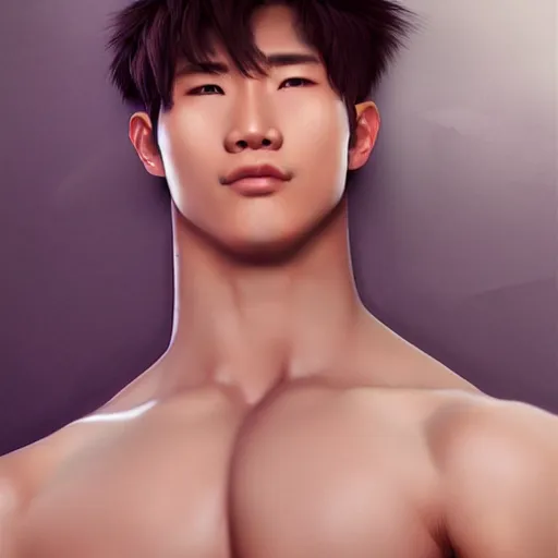 Prompt: a korean bodybuilder college boy, bokeh, beautiful face!!!!, 2 3 years old, cg animation, lifelike, animated, realistic, character select portrait, by artgerm, greg rutkowski, alphonse mucha, 3 d