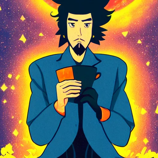 Prompt: A man drinking a cup of cosmic energy, bright light, by Masafumi Harada, 4k, digital art, surreal, anime style, space dandy style, highly detailed, godsend, artstation