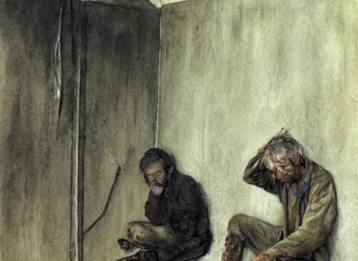 Image similar to shabby but smart faced homeless man in a dirt floored cell chained to a wall, talking questioningly, painting by andrew wyeth and alan lee, very detailed, somber mood,