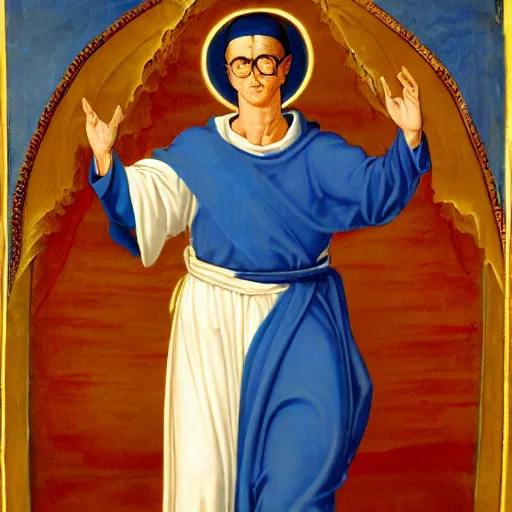 Image similar to waist - up shot, hank hill wearing a white toga, emerging from blue fire, surrounded by blue flames, renaissance religious painting, late gothic religious paintings, byzantine religious art, painting by duccio di buoninsegna and carlo crivelli, trending on artstation