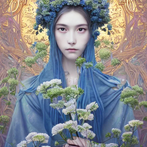 Image similar to breathtaking detailed concept art painting of the goddess of nemophila flowers, orthodox saint, with anxious, piercing eyes, ornate background, amalgamation of leaves and flowers, by Hsiao-Ron Cheng, James jean, Miho Hirano, Hayao Miyazaki, extremely moody lighting, 8K