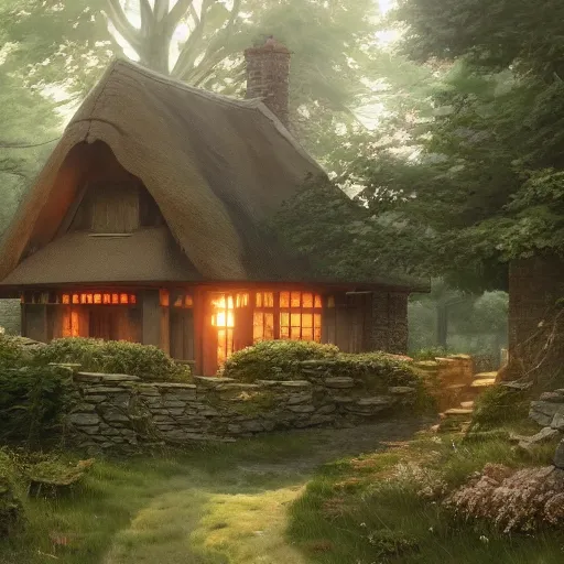 Prompt: concept art painting of an english european cottage with japanese architecture, in the woods, cozy, realistic, detailed, cel shaded, in the style of makoto shinkai and greg rutkowski and james gurney