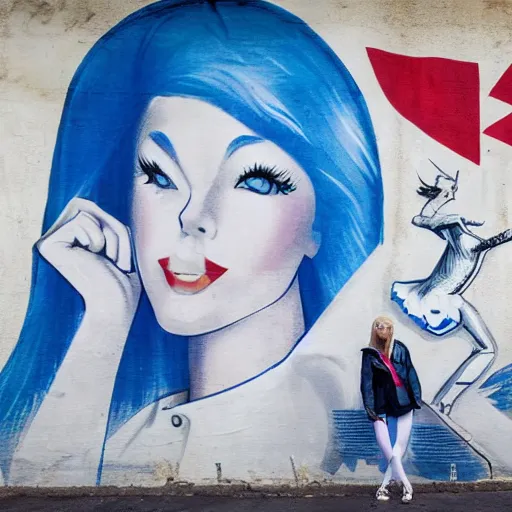 Image similar to platinum - blonde - haired hime - cut blue - eyed 1 9 - year - old nordic princess wearing white leggings and black jacket, adoring communist mural on wall, post - revolutionary era, toulouse france