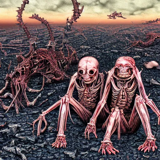 Image similar to conjoined demon twins sitting legs crossed in a desert hellscape covered in gore by Yoshitaka Amano, by HR Giger, biomechanical, 4k, hyper detailed, hyperrealism, anime, a Broken World demons flying overhead, red sky, blood and body parts, deviantart, artstation