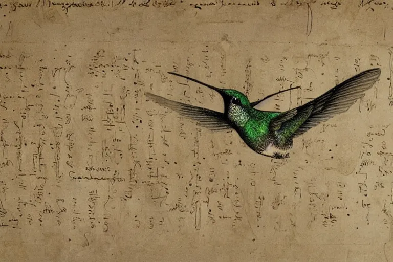 Prompt: Hummingbird mechanics papyrus, Da Vinci Drawing