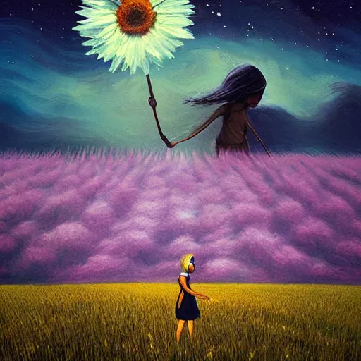 Image similar to giant daisy flowers as a head, girl walking in wheat field, hills, surreal photography, dark night, star trails, impressionist painting, dramatic clouds, digital painting, artstation, simon stalenhag