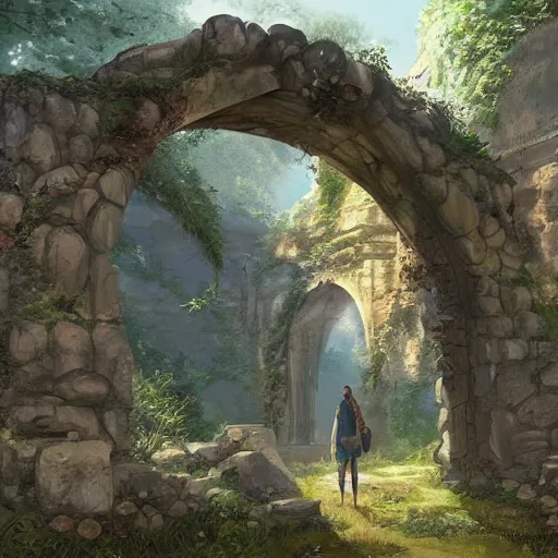 Image similar to concept art painting of an ornate ancient stone archway, in the woods, realistic, detailed, cel shaded, in the style of makoto shinkai and greg rutkowski and james gurney