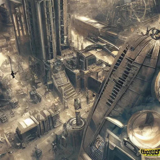 Image similar to steampunk city, war, space, future, ultra realistic