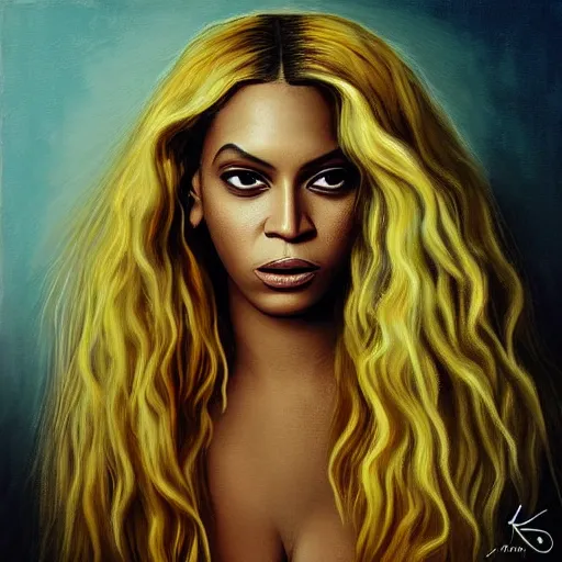 Image similar to sad flirtatious Beyonce, painted by michael karcz