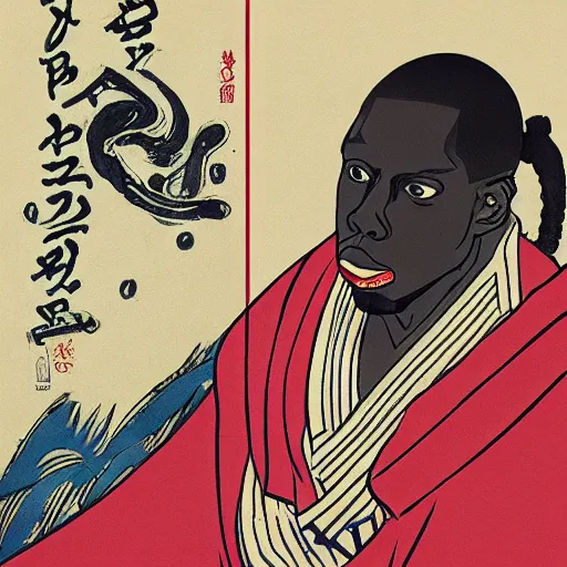 Image similar to Inspectah Deck rapping, portrait, style of ancient text, hokusai