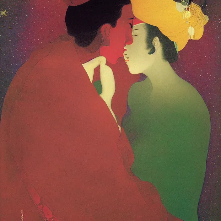 Prompt: close portrait of woman and man kissing. aurora borealis. iridescent, vivid psychedelic colors. painting by georges de la tour, agnes pelton, utamaro, monet