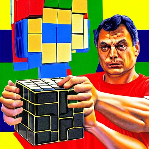 Image similar to portrait of viktor orban in training shorts confused by a rubik's cube, highly detailed illustration by boris vallejo