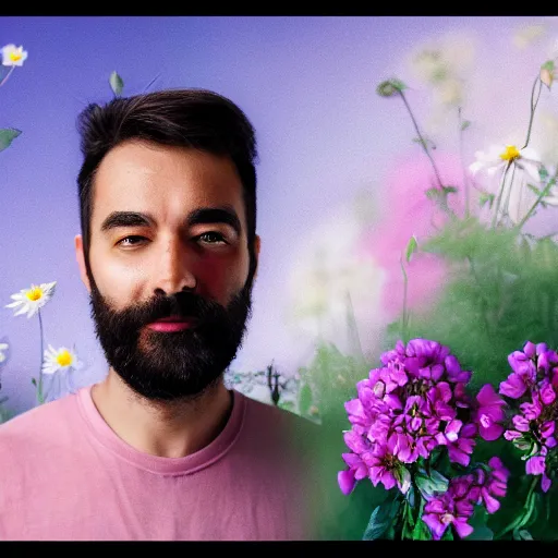 Image similar to a portrait of a man with flowers in the beard, roses peonies forget-me-nots dahlias lupins gladioli, sky theme in background, 35mm Photograph, 4K Resolution, Astrophotography, Digital Art, Trending on artstation