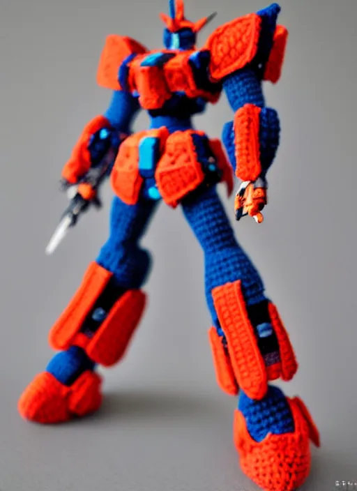 Image similar to a crochet gundam mecha, realistic, no cropping, full body, Sigma 50 mm f/1.4