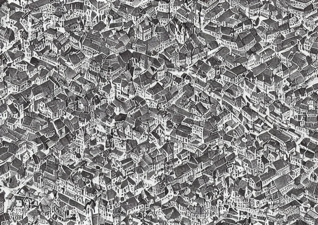 Prompt: wallpaper medieval city tourist map twisty streets, towers, city wall, temples, market square, d & d, engraving, isometric view, ocean port, market, castle, cartoony, b & w