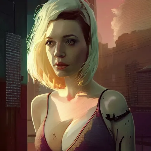 Image similar to highly detailed upper body portrait christina hendricks wearing plastic crop top cyberpunk in gta v, stephen bliss, unreal engine, fantasy art by greg rutkowski, loish, rhads, ferdinand knab, makoto shinkai and lois van baarle, ilya kuvshinov, rossdraws, tom bagshaw, global illumination, radiant light, detailed and intricate environment