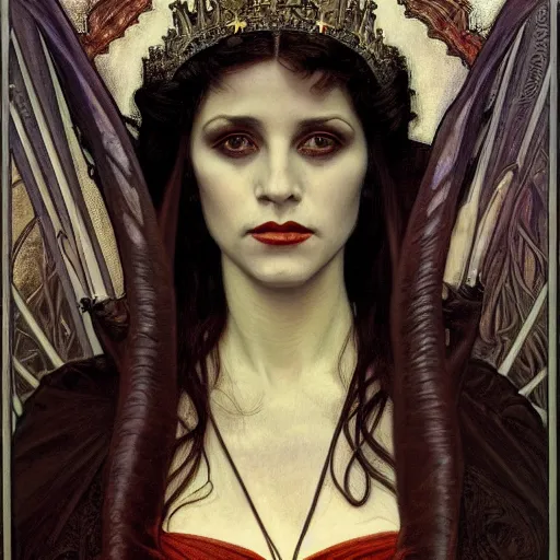 Image similar to portrait of a queen vampire, 35mm, 1920', depth of field, ominous, sharp, photorealistic, realistic, high definition, 8k, deviantart, donato giancola, irwin penn, Alphonse Mucha