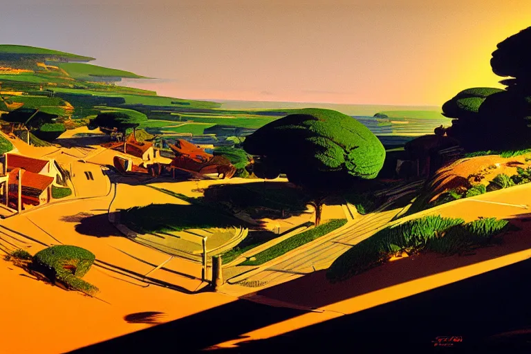 Prompt: a small village on top of a hill near the sea, painted by Syd Mead, Low key lighting, ultra detailed, 8k