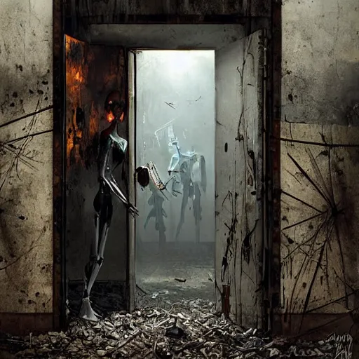 Image similar to A horrific painting of sinister broken mannequins in an abandoned warehouse. Backroom liminal spaces. Queue. Door. by Tom Bagshaw, Dan Mumford, Dariusz Zawadzki, Todd McFarlane, and Erik Johansson