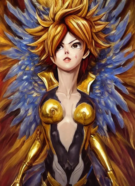 Prompt: full body oil painting of tracer overwatch in the style of jean deville, angel wings, angelic golden armor, dramatic painting, symmetrical composition, ornate, high detail, gold detailed collar!!!!!, blooming, lights, flowers, detailed face,