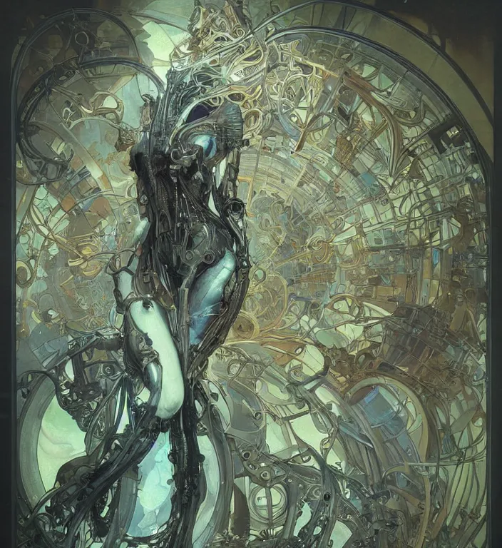 Prompt: digital artwork, illustration, cinematic camera, elegant biomechanical machinery, intricate machinery, biomimicry, bioluminescence, the ghosts in the machine, cyberpunk concept art by artgerm and Alphonse Mucha and Greg Rutkowski, highly detailed, elegant, intricate, sci-fi, sharp focus, dramatic lighting, Trending on Artstation HQ, deviantart