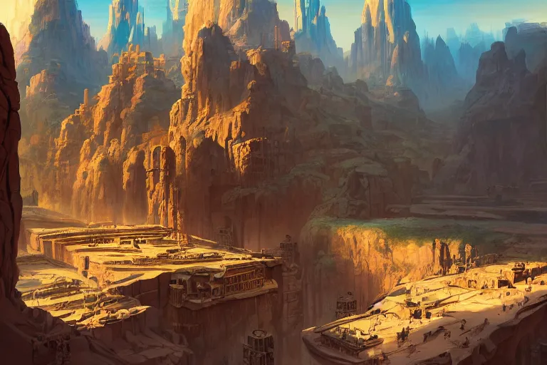 Image similar to a mystical matte painting of an archaic city of ancient persia looming above a canyon by syd mead and peter mohrbacher and james gilleard in the style of hugh ferriss